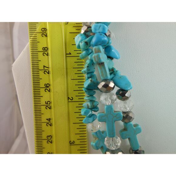 Handcrafted Turquoise Blue Nugget Cross Crystal Necklace Vintage Boho Chic - Picture 2 of 6